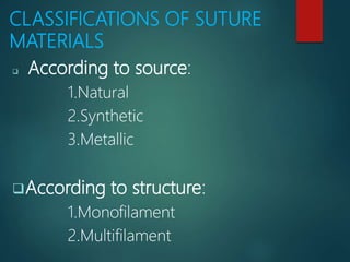 CLASSIFICATIONS OF SUTURE
MATERIALS
 According to source:
1.Natural
2.Synthetic
3.Metallic
According to structure:
1.Monofilament
2.Multifilament
 