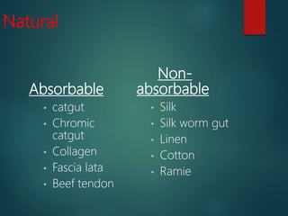Natural
Absorbable
• catgut
• Chromic
catgut
• Collagen
• Fascia lata
• Beef tendon
Non-
absorbable
• Silk
• Silk worm gut
• Linen
• Cotton
• Ramie
 