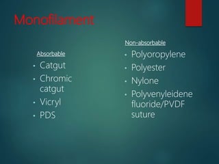 Monofilament
Absorbable
• Catgut
• Chromic
catgut
• Vicryl
• PDS
Non-absorbable
• Polyoropylene
• Polyester
• Nylone
• Polyvenyleidene
fluoride/PVDF
suture
 