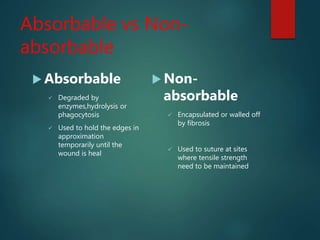 Absorbable vs Non-
absorbable
 Absorbable
 Degraded by
enzymes,hydrolysis or
phagocytosis
 Used to hold the edges in
approximation
temporarily until the
wound is heal
 Non-
absorbable
 Encapsulated or walled off
by fibrosis
 Used to suture at sites
where tensile strength
need to be maintained
 
