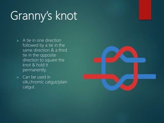 Granny’s knot
 A tie in one direction
followed by a tie in the
same direction & a third
tie in the opposite
direction to square the
knot & hold it
permanently.
 Can be used in
silk,chromic catgut/plain
catgut.
 