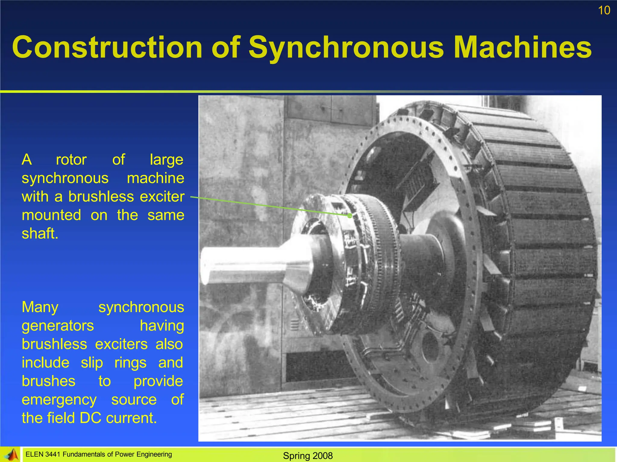 10
Construction of Synchronous Machines
A rotor
ELEN 3441 Fundamentals of Power Engineering Spring 2008
of large
synchronous machine
with a brushless exciter
mounted on the same
shaft.
Many
generators
synchronous
having
brushless exciters also
include slip rings and
provide
brushes to
emergency source of
the field DC current.
 