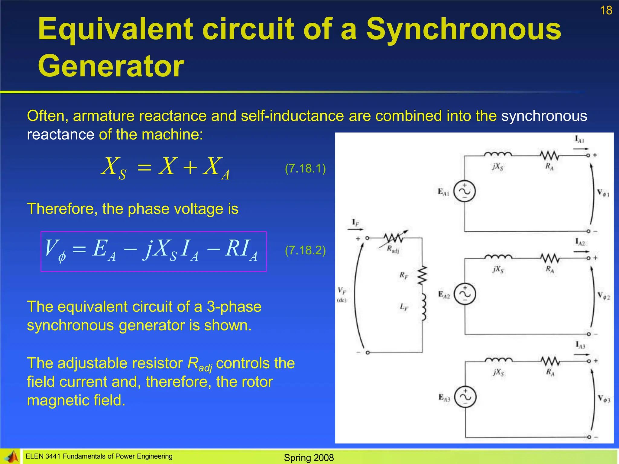 18
Equivalent circuit of a Synchronous
Generator
Often, armature reactance and self-inductance are combined into the synchronous
reactance of the machine:
(7.18.1)
V  EA  jXS IA  RIA
ELEN 3441 Fundamentals of Power Engineering Spring 2008
XS  X  XA
Therefore, the phase voltage is
(7.18.2)
The equivalent circuit of a 3-phase
synchronous generator is shown.
The adjustable resistor Radj controls the
field current and, therefore, the rotor
magnetic field.
 