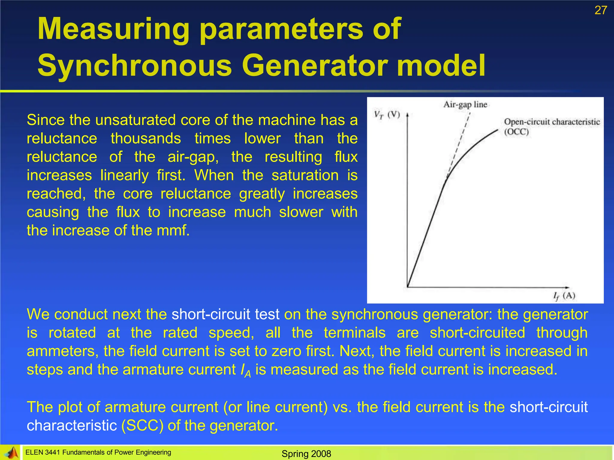 27
Measuring parameters of
Synchronous Generator model
Since the unsaturated core of the machine has a
reluctance thousands times lower than the
reluctance of the air-gap, the resulting flux
increases linearly first. When the saturation is
reached, the core reluctance greatly increases
causing the flux to increase much slower with
the increase of the mmf.
ELEN 3441 Fundamentals of Power Engineering Spring 2008
We conduct next the short-circuit test on the synchronous generator: the generator
is rotated at the rated speed, all the terminals are short-circuited through
ammeters, the field current is set to zero first. Next, the field current is increased in
steps and the armature current IA is measured as the field current is increased.
The plot of armature current (or line current) vs. the field current is the short-circuit
characteristic (SCC) of the generator.
 