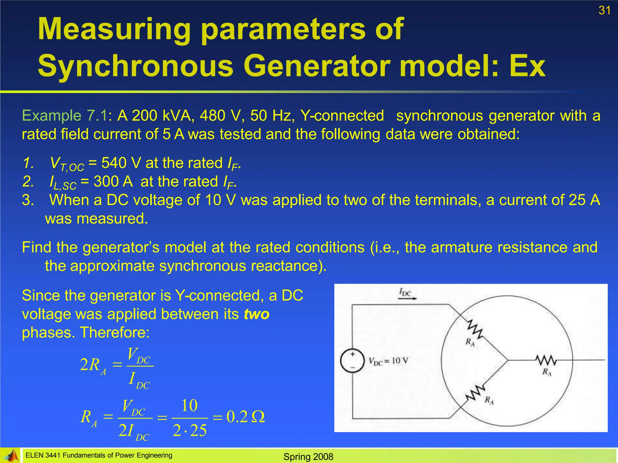 31
Measuring parameters of
Synchronous Generator model: Ex
Example 7.1: A 200 kVA, 480 V, 50 Hz, Y-connected synchronous generator with a
rated field current of 5 A was tested and the following data were obtained:
1. VT,OC = 540 V at the rated IF.
2. IL,SC = 300 A at the rated IF.
3. When a DC voltage of 10 V was applied to two of the terminals, a current of 25 A
was measured.
Find the generator’s model at the rated conditions (i.e., the armature resistance and
the approximate synchronous reactance).
Since the generator is Y-connected, a DC
voltage was applied between its two
phases. Therefore:
10
ELEN 3441 Fundamentals of Power Engineering Spring 2008
A
DC
A
DC
2R
I
R
2I

VDC

VDC
  0.2 
225
 