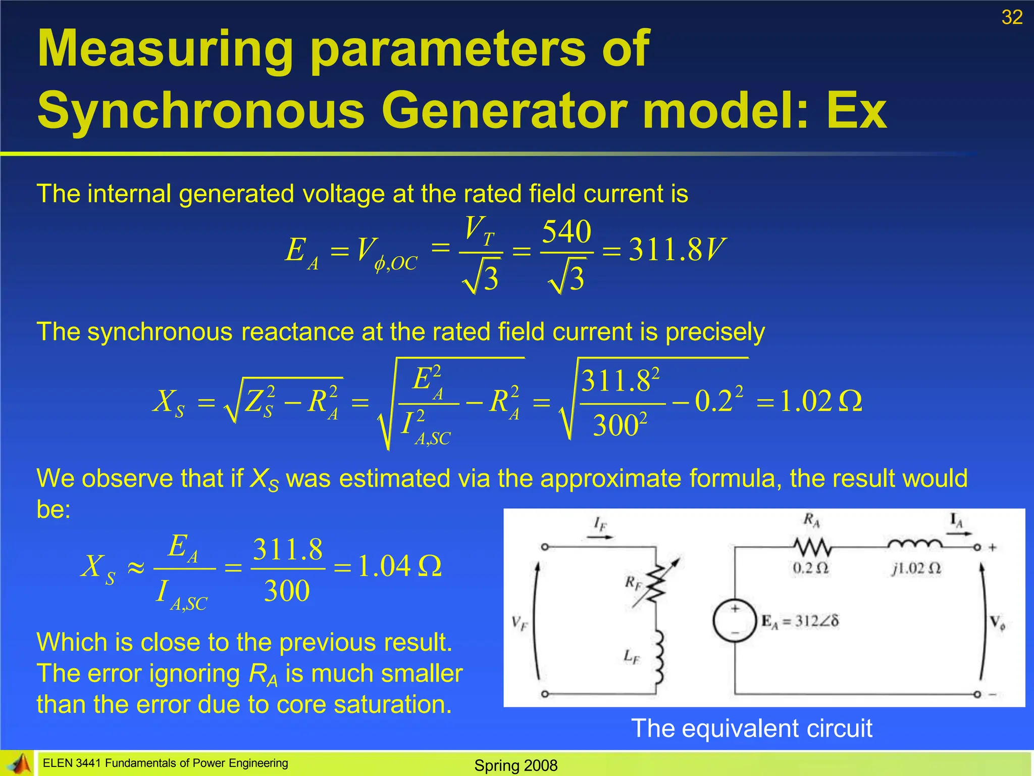 32
Measuring parameters of
Synchronous Generator model: Ex
The internal generated voltage at the rated field current is
3 3
A ,OC
E V 
VT

540
 311.8V
The synchronous reactance at the rated field current is precisely
2 2 2 2
311.82
3002
A
A A
A,SC
E2
I2
XS  ZS  R   R   0.2 1.02 
We observe that if XS was estimated via the approximate formula, the result would
be:
S
ELEN 3441 Fundamentals of Power Engineering Spring 2008
A,SC
EA
I 300
X  
311.8
 1.04 
Which is close to the previous result.
The error ignoring RA is much smaller
than the error due to core saturation.
The equivalent circuit
 