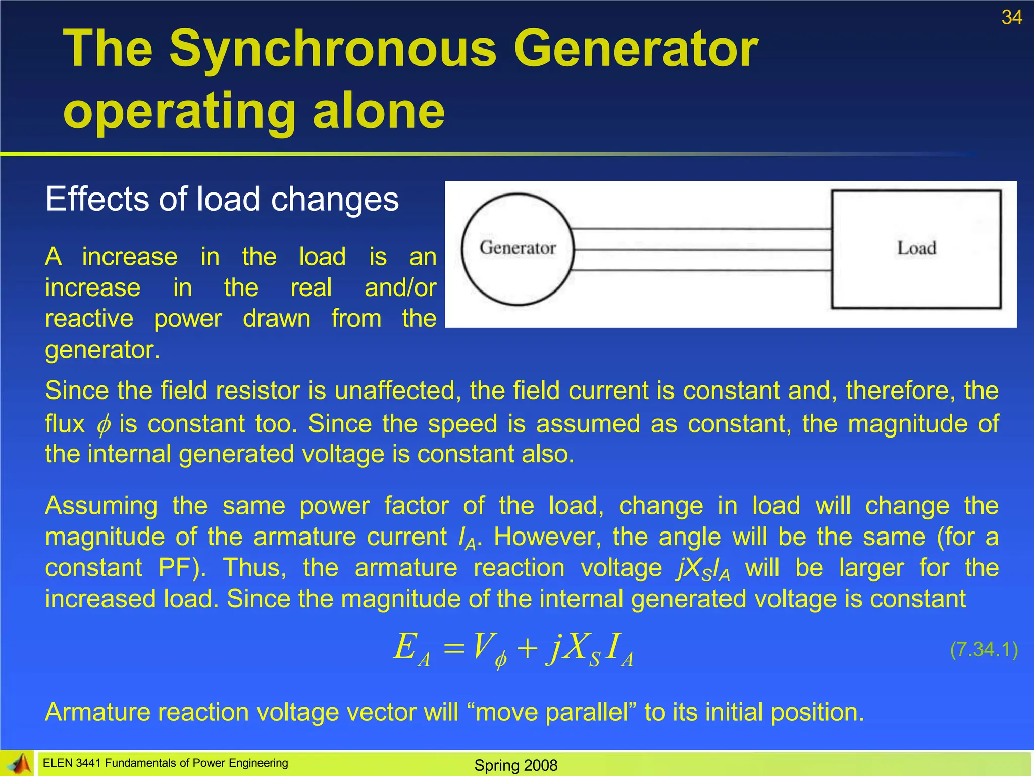 34
The Synchronous Generator
operating alone
Effects of load changes
A increase in the load is an
increase in the real and/or
ELEN 3441 Fundamentals of Power Engineering Spring 2008
reactive power drawn from the
generator.
Since the field resistor is unaffected, the field current is constant and, therefore, the
flux  is constant too. Since the speed is assumed as constant, the magnitude of
the internal generated voltage is constant also.
Assuming the same power factor of the load, change in load will change the
magnitude of the armature current IA. However, the angle will be the same (for a
constant PF). Thus, the armature reaction voltage jXSIA will be larger for the
increased load. Since the magnitude of the internal generated voltage is constant
(7.34.1)
EA V  jXS IA
Armature reaction voltage vector will “move parallel” to its initial position.
 