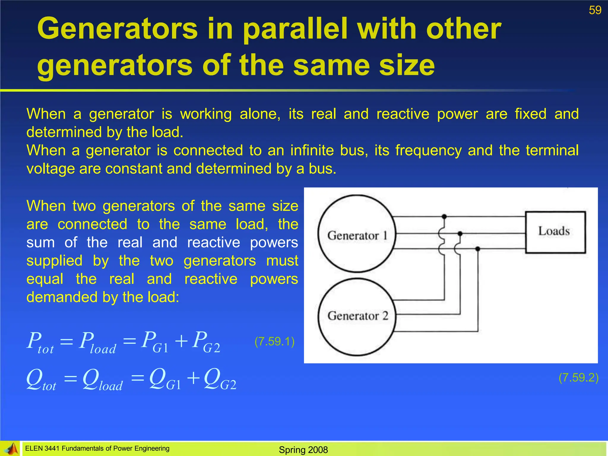 59
Generators in parallel with other
generators of the same size
When a generator is working alone, its real and reactive power are fixed and
determined by the load.
When a generator is connected to an infinite bus, its frequency and the terminal
voltage are constant and determined by a bus.
When two generators of the same size
are connected to the same load, the
sum of the real and reactive powers
supplied by the two generators must
equal the real and reactive powers
demanded by the load:
ELEN 3441 Fundamentals of Power Engineering Spring 2008
Ptot  Pload
Qtot  Qload
 PG1  PG2
 QG1 QG2
(7.59.1)
(7.59.2)
 