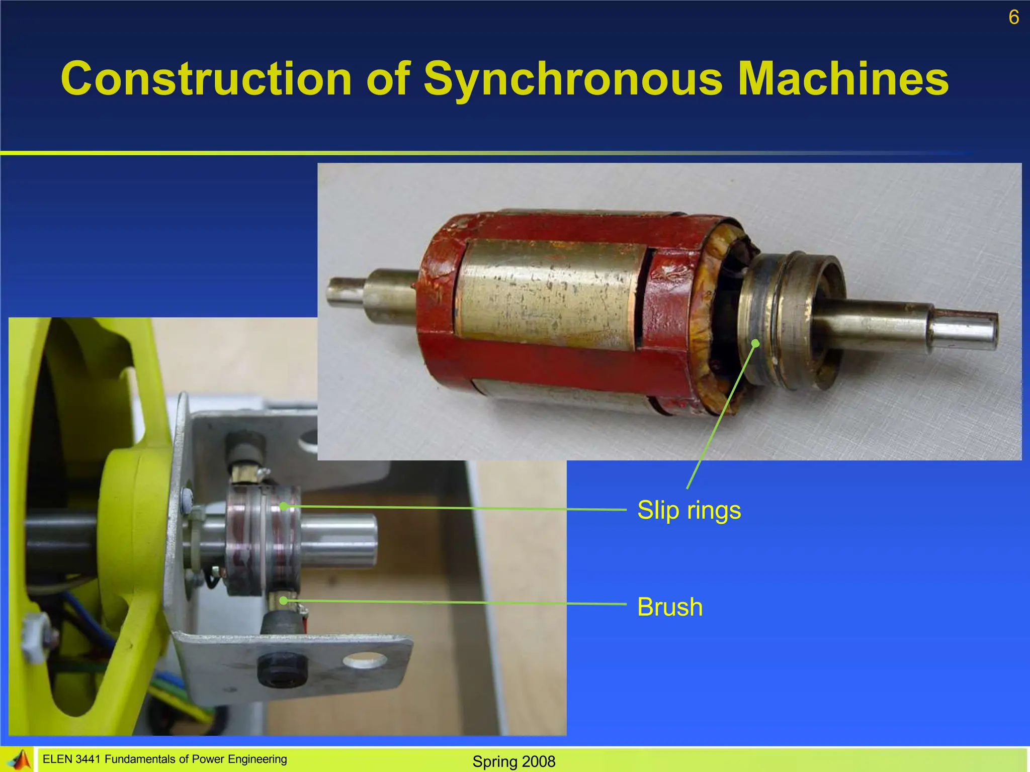 6
Construction of Synchronous Machines
Slip rings
Brush
ELEN 3441 Fundamentals of Power Engineering Spring 2008
 