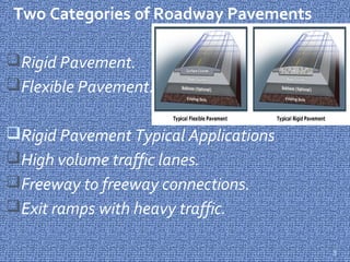 Two Categories of Roadway Pavements
Rigid Pavement.
Flexible Pavement.
Rigid Pavement Typical Applications
High volume traffic lanes.
Freeway to freeway connections.
Exit ramps with heavy traffic.
3
 