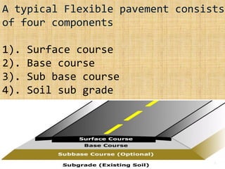 A typical Flexible pavement consists
of four components
1). Surface course
2). Base course
3). Sub base course
4). Soil sub grade
6
 