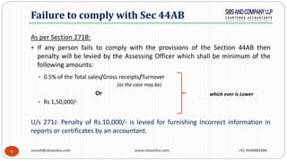 6
As per Section 271B:
 If any person fails to comply with the provisions of the Section 44AB then
penalty will be levied...