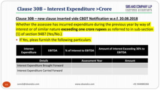 64
Clause 30B – Interest Expenditure >Crore
Clause 30B – new clause inserted vide CBDT Notification w.e.f. 20.08.2018
Whet...