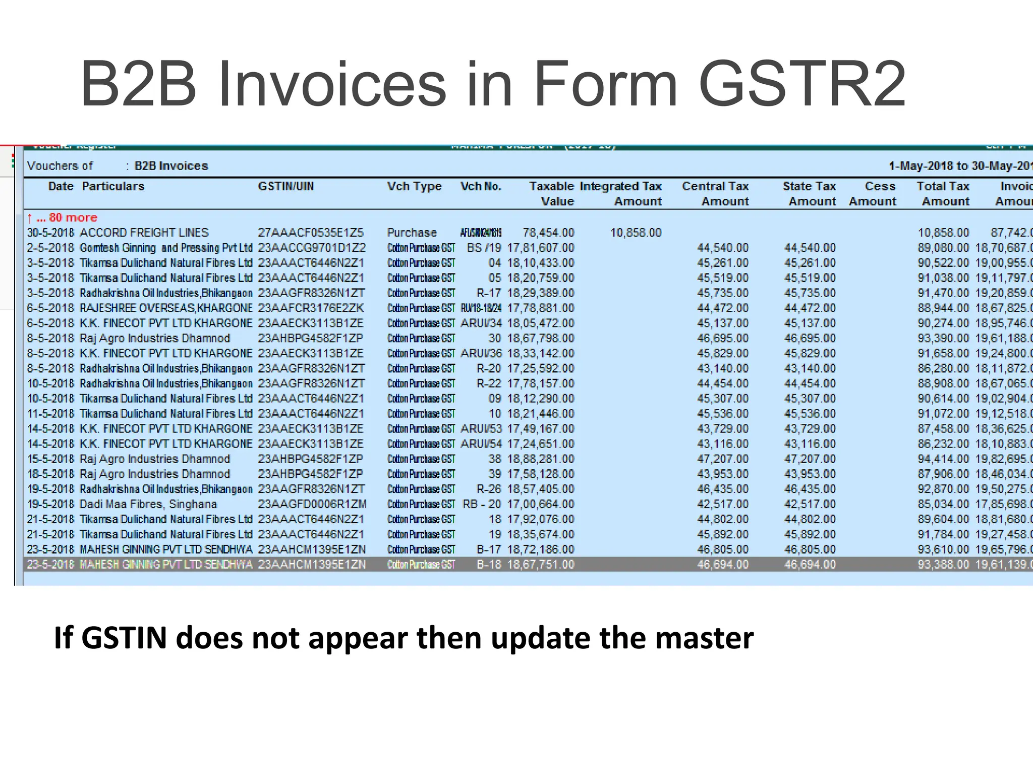 If GSTIN does not appear then update the master
B2B Invoices in Form GSTR2
 