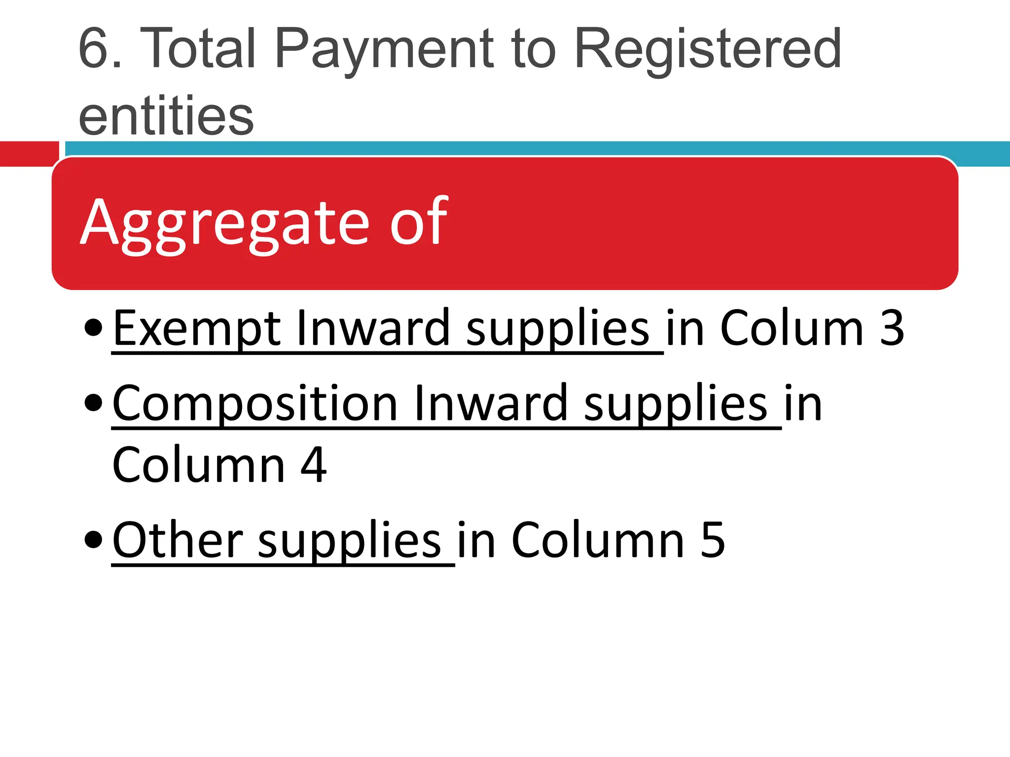 6. Total Payment to Registered
entities
Aggregate of
•Exempt Inward supplies in Colum 3
•Composition Inward supplies in
Column 4
•Other supplies in Column 5
 