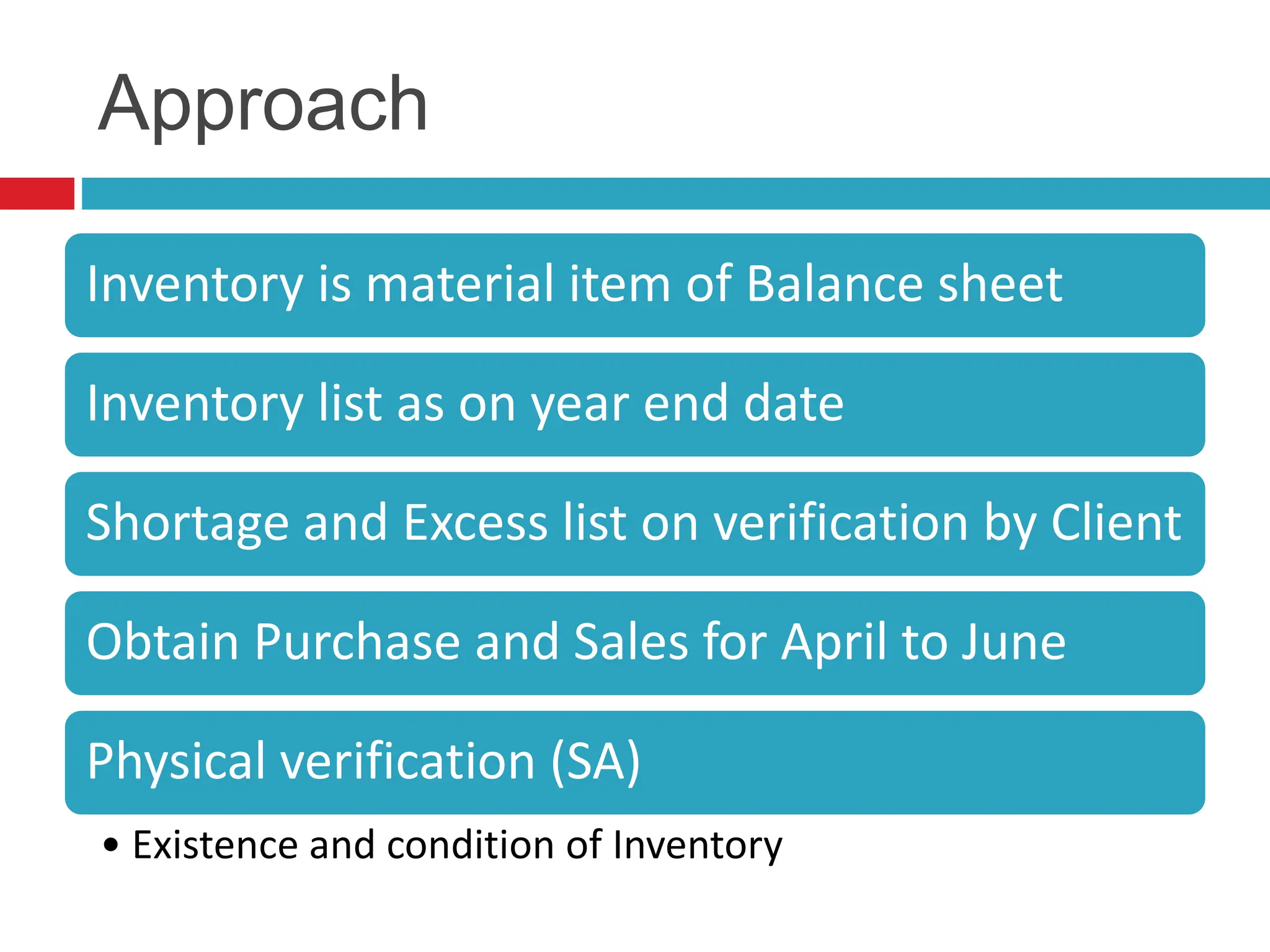 Approach
Inventory is material item of Balance sheet
Inventory list as on year end date
Shortage and Excess list on verification by Client
Obtain Purchase and Sales for April to June
Physical verification (SA)
• Existence and condition of Inventory
 