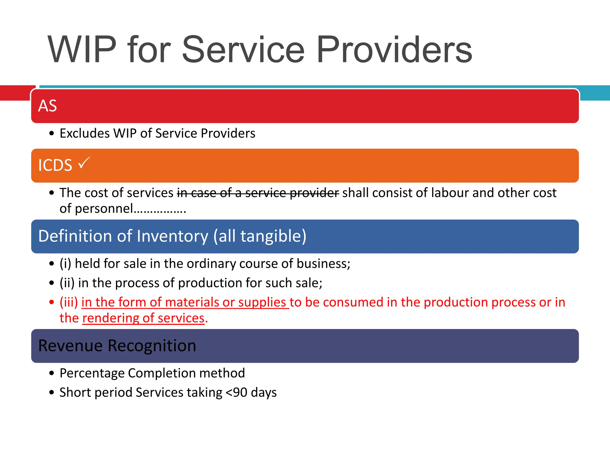 WIP for Service Providers
AS
• Excludes WIP of Service Providers
ICDS 
• The cost of services in case of a service provider shall consist of labour and other cost
of personnel…………….
Definition of Inventory (all tangible)
• (i) held for sale in the ordinary course of business;
• (ii) in the process of production for such sale;
• (iii) in the form of materials or supplies to be consumed in the production process or in
the rendering of services.
Revenue Recognition
• Percentage Completion method
• Short period Services taking <90 days
 