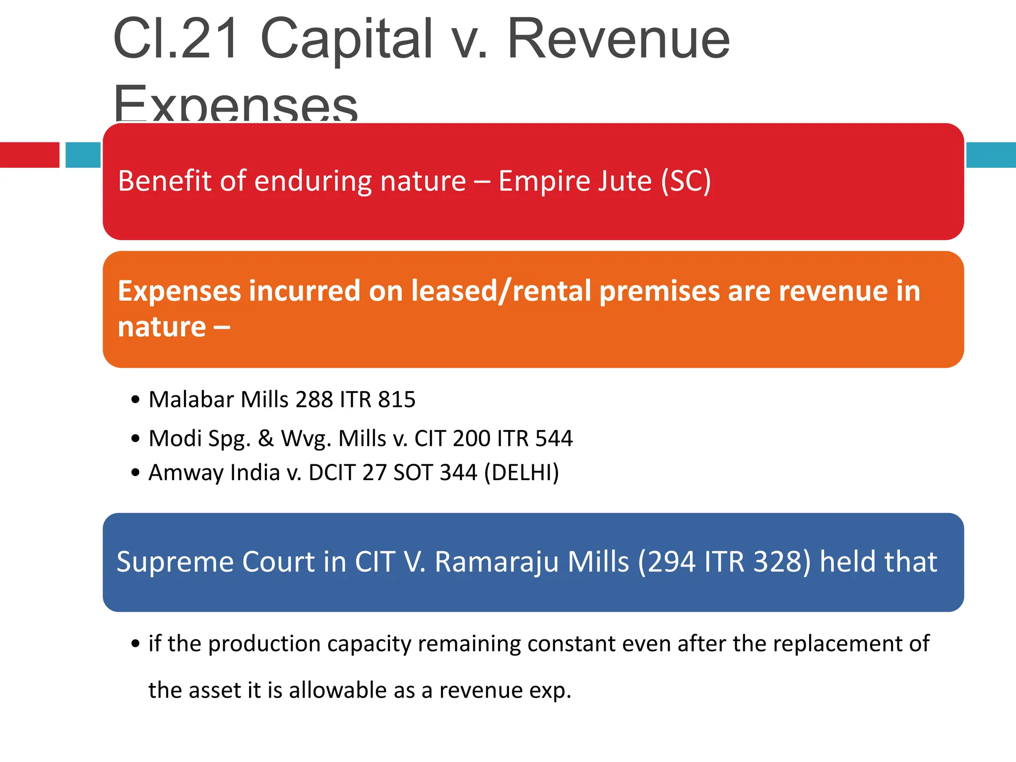 Cl.21 Capital v. Revenue
Expenses
15
4
Benefit of enduring nature – Empire Jute (SC)
Expenses incurred on leased/rental premises are revenue in
nature –
• Malabar Mills 288 ITR 815
• Modi Spg. & Wvg. Mills v. CIT 200 ITR 544
• Amway India v. DCIT 27 SOT 344 (DELHI)
Supreme Court in CIT V. Ramaraju Mills (294 ITR 328) held that
• if the production capacity remaining constant even after the replacement of
the asset it is allowable as a revenue exp.
 