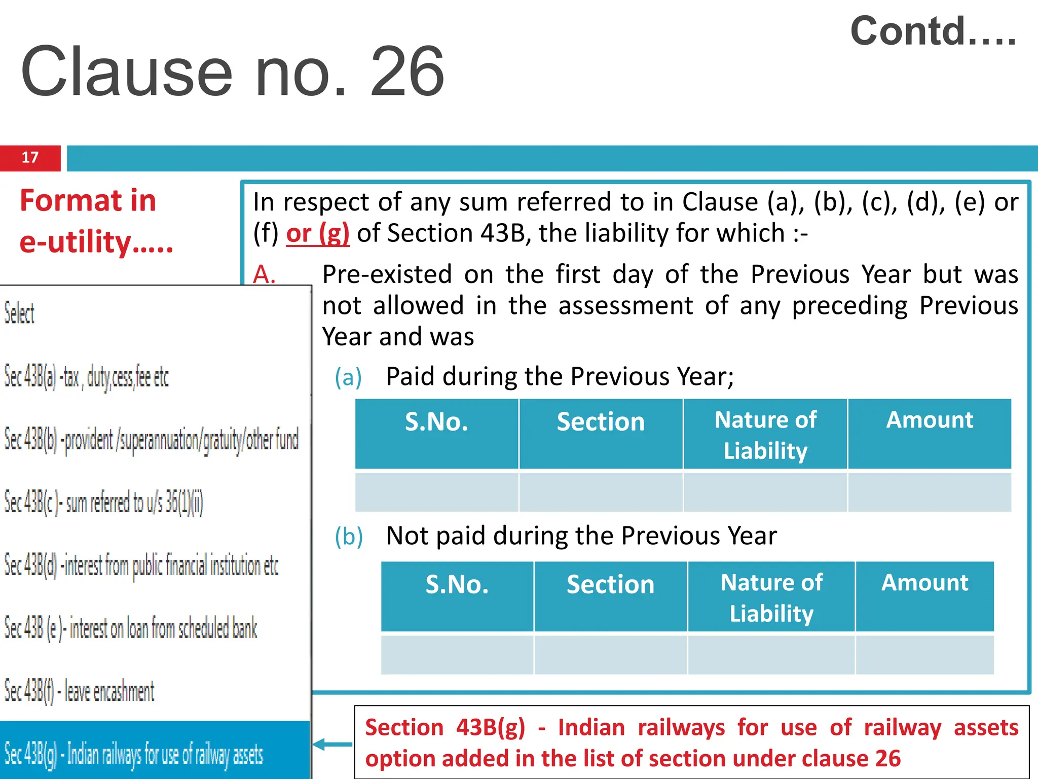17
In respect of any sum referred to in Clause (a), (b), (c), (d), (e) or
(f) or (g) of Section 43B, the liability for which :-
A. Pre-existed on the first day of the Previous Year but was
not allowed in the assessment of any preceding Previous
Year and was
(a) Paid during the Previous Year;
(b) Not paid during the Previous Year
S.No. Section Nature of
Liability
Amount
S.No. Section Nature of
Liability
Amount
Clause no. 26
Contd….
Format in
e-utility…..
Section 43B(g) - Indian railways for use of railway assets
option added in the list of section under clause 26
 