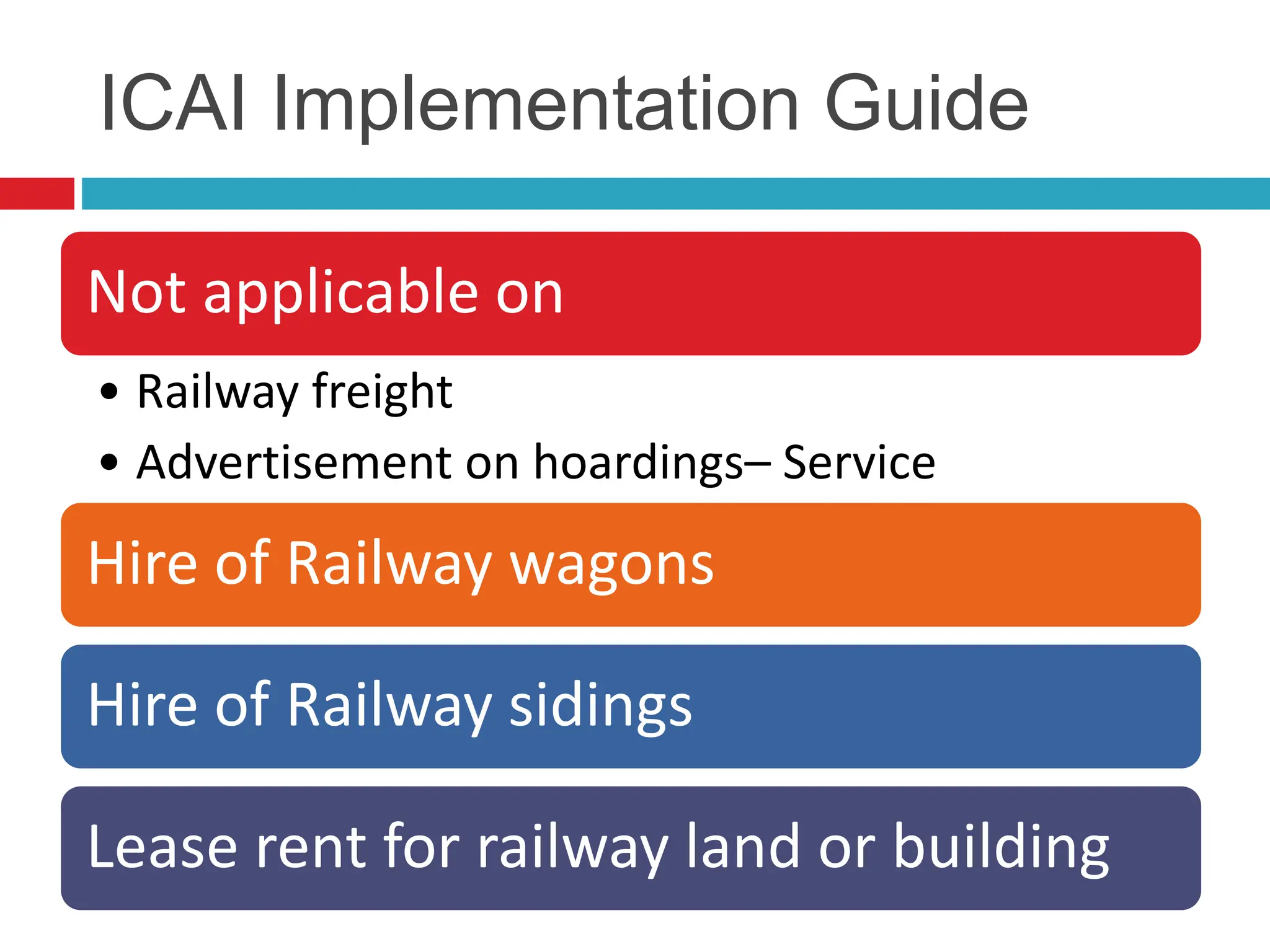 ICAI Implementation Guide
Not applicable on
• Railway freight
• Advertisement on hoardings– Service
Hire of Railway wagons
Hire of Railway sidings
Lease rent for railway land or building
 