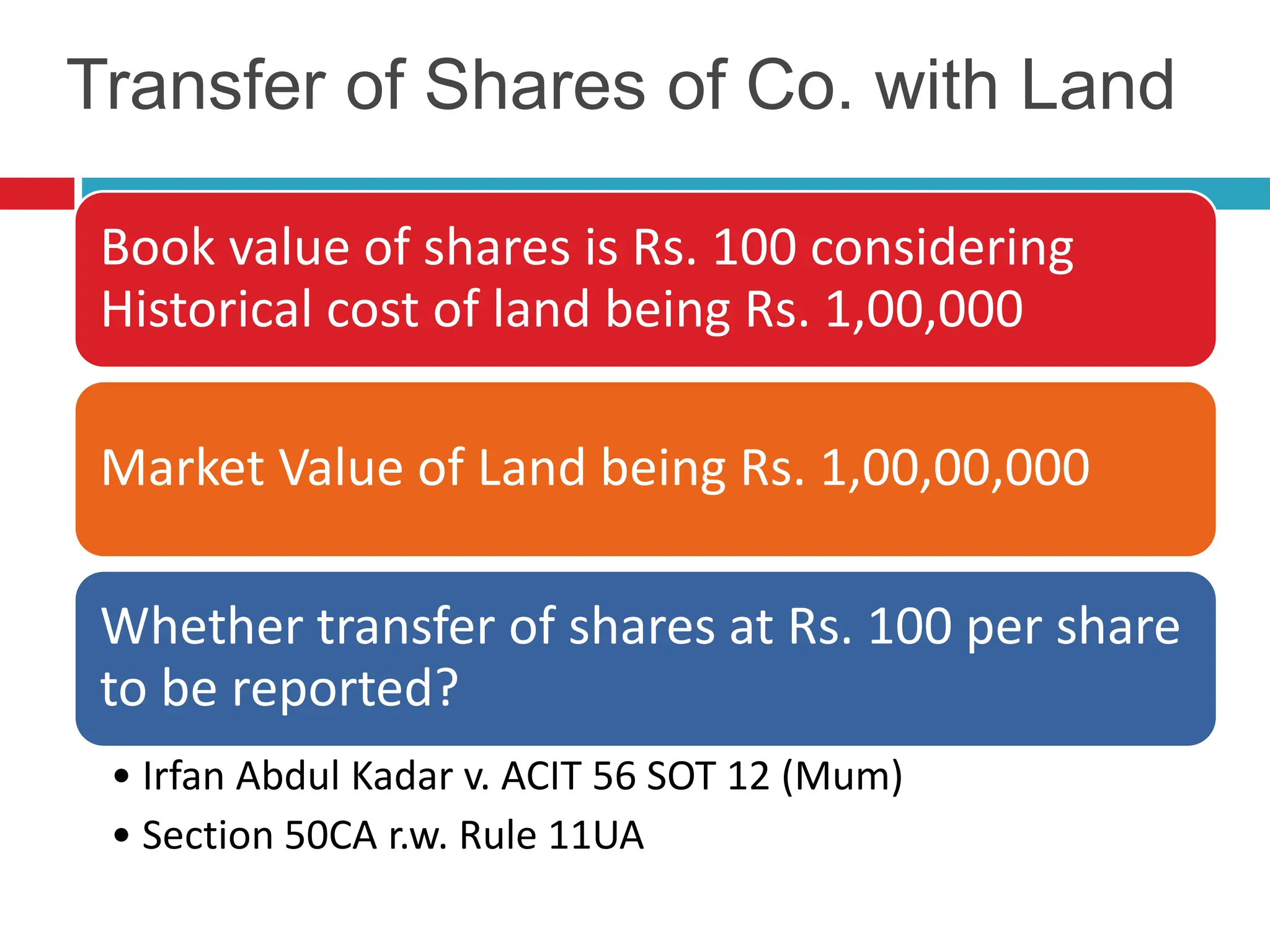 Transfer of Shares of Co. with Land
Book value of shares is Rs. 100 considering
Historical cost of land being Rs. 1,00,000
Market Value of Land being Rs. 1,00,00,000
Whether transfer of shares at Rs. 100 per share
to be reported?
• Irfan Abdul Kadar v. ACIT 56 SOT 12 (Mum)
• Section 50CA r.w. Rule 11UA
 