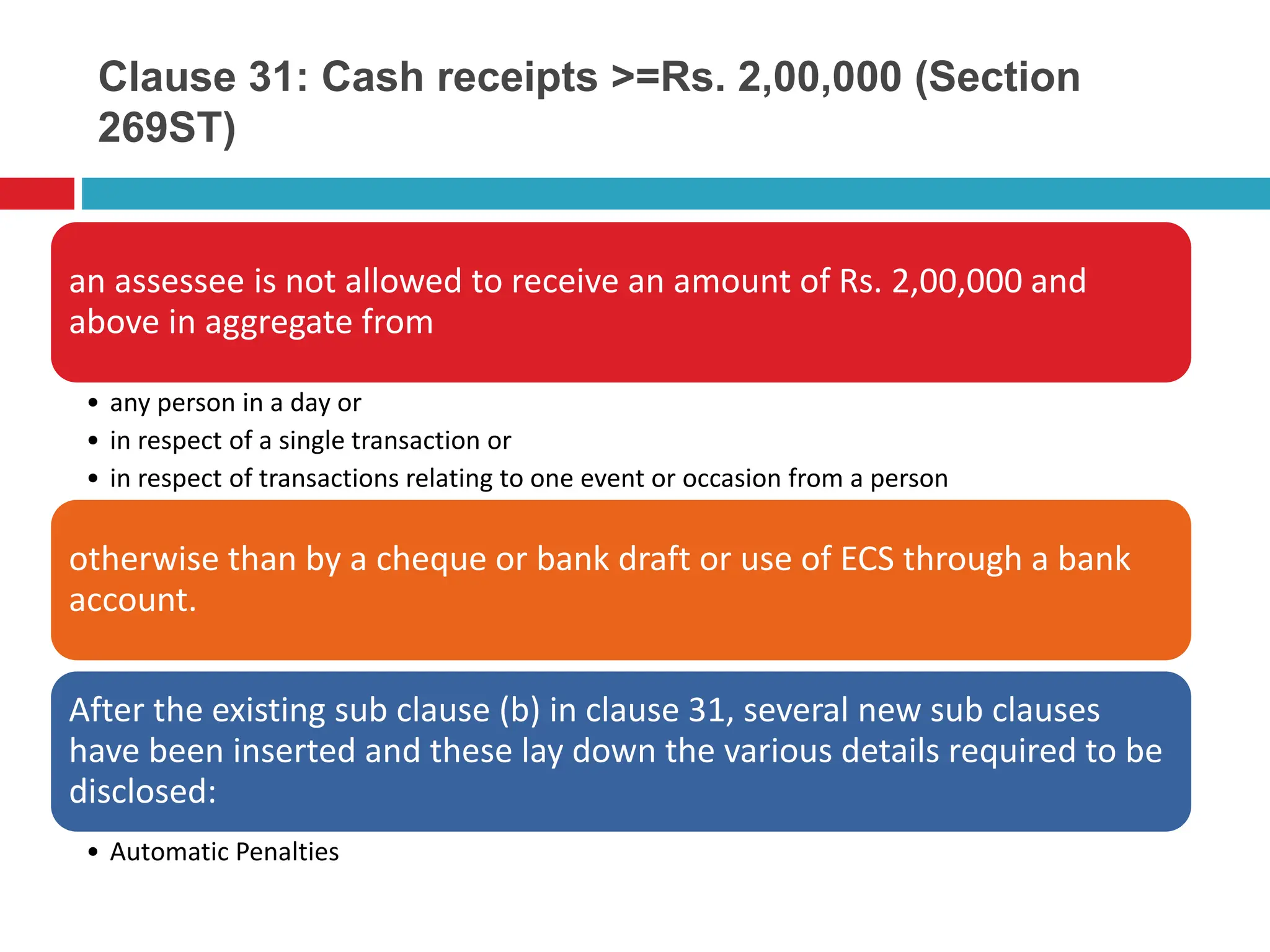 Clause 31: Cash receipts >=Rs. 2,00,000 (Section
269ST)
an assessee is not allowed to receive an amount of Rs. 2,00,000 and
above in aggregate from
• any person in a day or
• in respect of a single transaction or
• in respect of transactions relating to one event or occasion from a person
otherwise than by a cheque or bank draft or use of ECS through a bank
account.
After the existing sub clause (b) in clause 31, several new sub clauses
have been inserted and these lay down the various details required to be
disclosed:
• Automatic Penalties
 