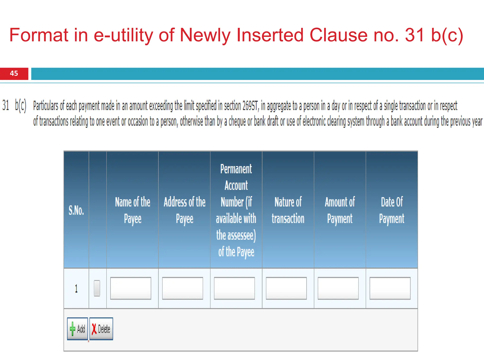 Format in e-utility of Newly Inserted Clause no. 31 b(c)
45
 