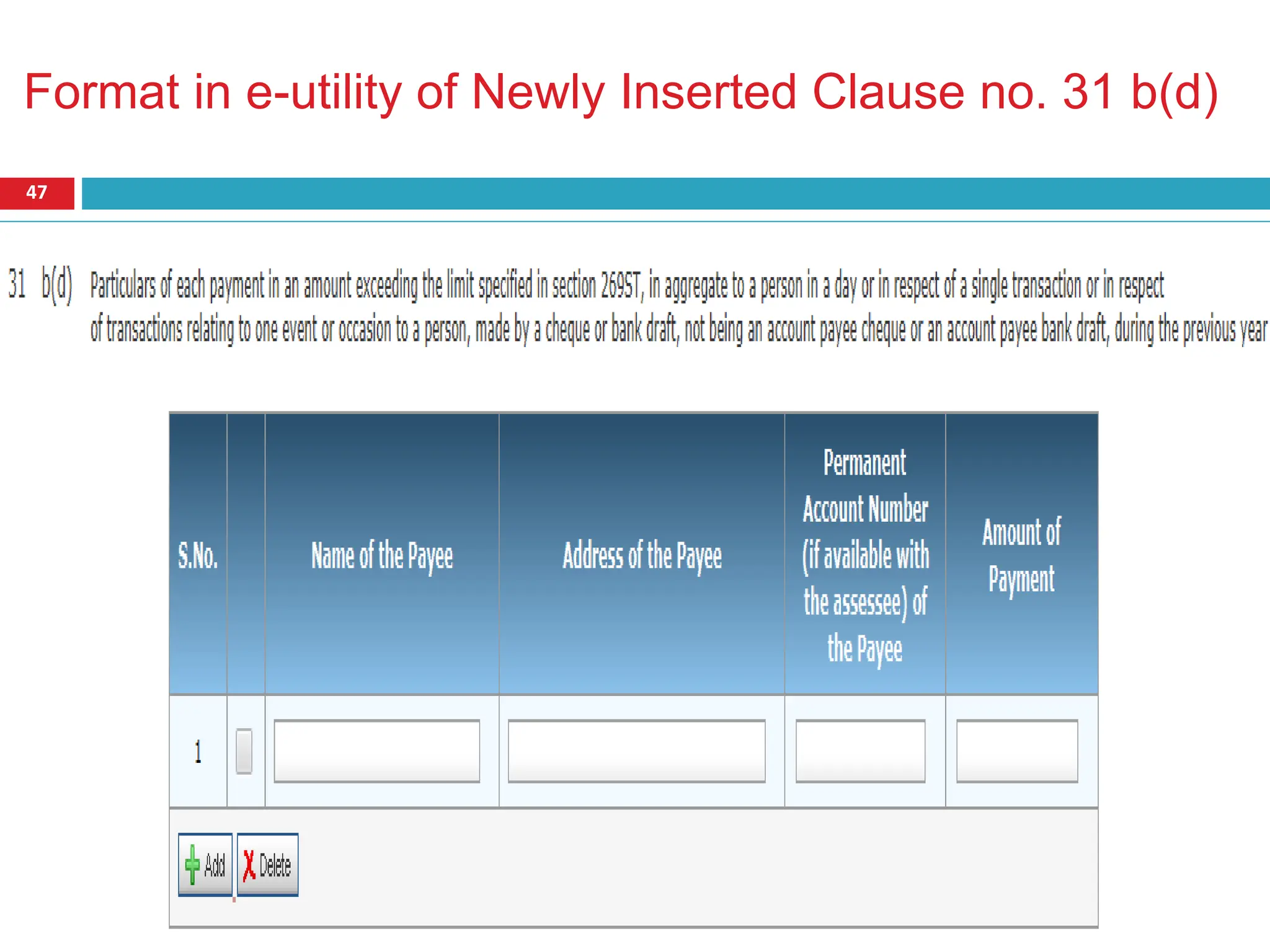 Format in e-utility of Newly Inserted Clause no. 31 b(d)
47
 