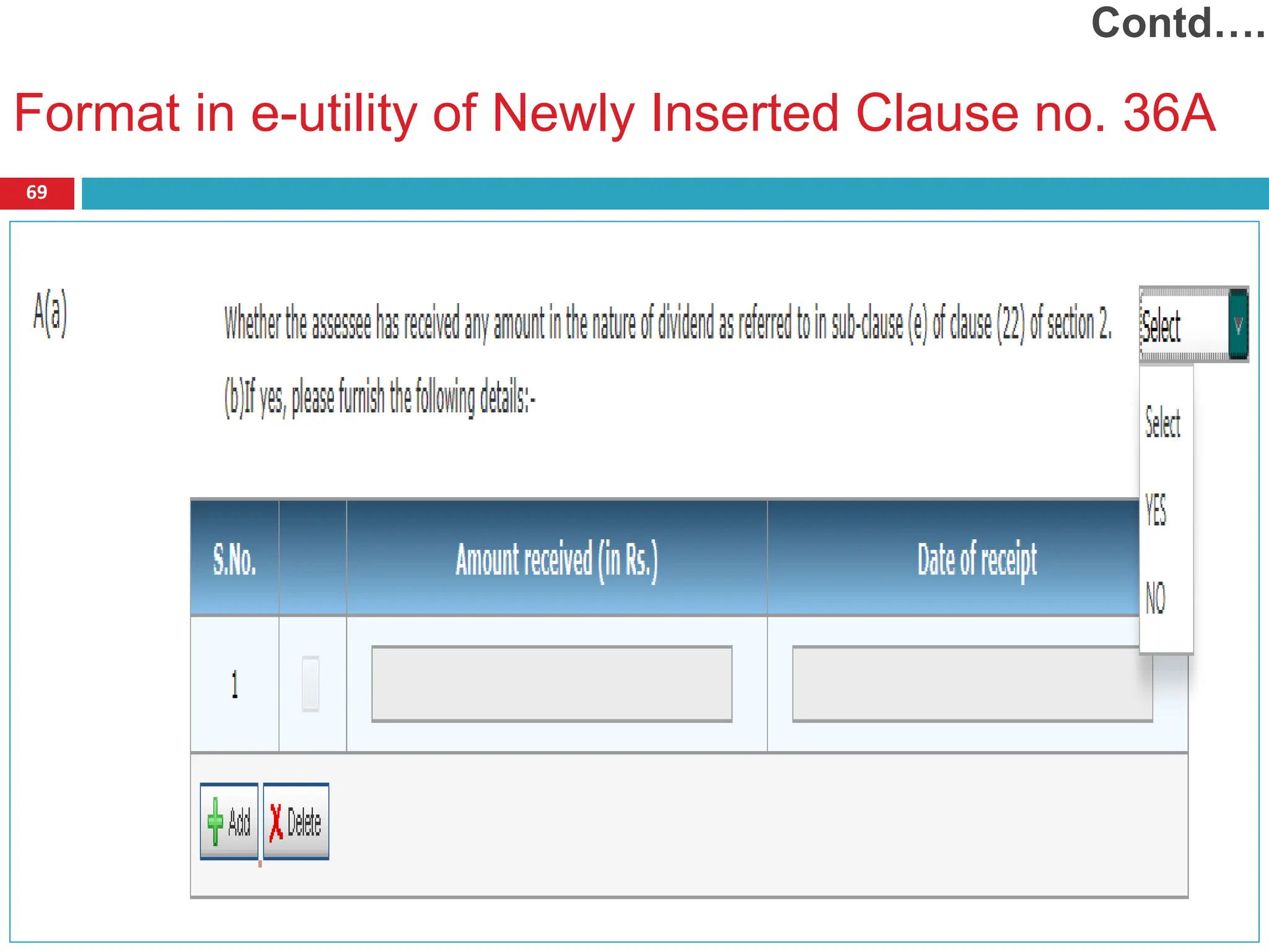Format in e-utility of Newly Inserted Clause no. 36A
69
Contd….
 