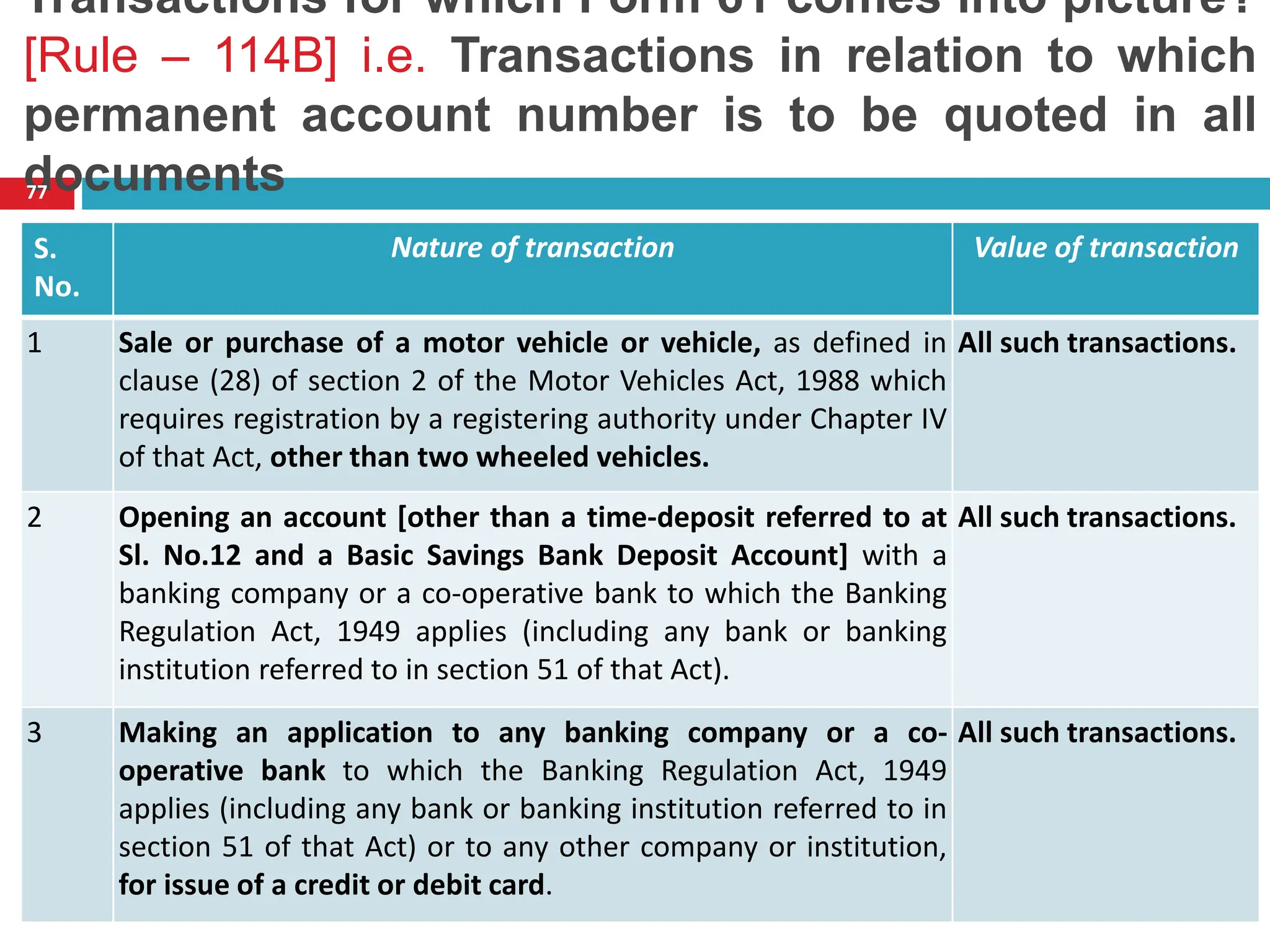 Transactions for which Form 61 comes into picture?
[Rule – 114B] i.e. Transactions in relation to which
permanent account number is to be quoted in all
documents
77
S.
No.
Nature of transaction Value of transaction
1 Sale or purchase of a motor vehicle or vehicle, as defined in
clause (28) of section 2 of the Motor Vehicles Act, 1988 which
requires registration by a registering authority under Chapter IV
of that Act, other than two wheeled vehicles.
All such transactions.
2 Opening an account [other than a time-deposit referred to at
Sl. No.12 and a Basic Savings Bank Deposit Account] with a
banking company or a co-operative bank to which the Banking
Regulation Act, 1949 applies (including any bank or banking
institution referred to in section 51 of that Act).
All such transactions.
3 Making an application to any banking company or a co-
operative bank to which the Banking Regulation Act, 1949
applies (including any bank or banking institution referred to in
section 51 of that Act) or to any other company or institution,
for issue of a credit or debit card.
All such transactions.
 