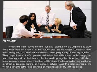Norming:
When the team moves into the "norming" stage, they are beginning to work
more effectively as a team. In this stages they are no longer focused on their
individual goals, but rather are focused on developing a way of working together .
They respect each other's opinions and value their differences. In this stage, the
team has agreed on their team rules for working together, how they will share
information and resolve team conflict. In this stage, the team leader may not be as
involved in decision making and problem solving since the team members are
working better together and can take on more responsibility in these areas.
 