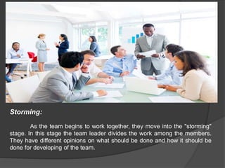 Storming:
As the team begins to work together, they move into the "storming"
stage. In this stage the team leader divides ...