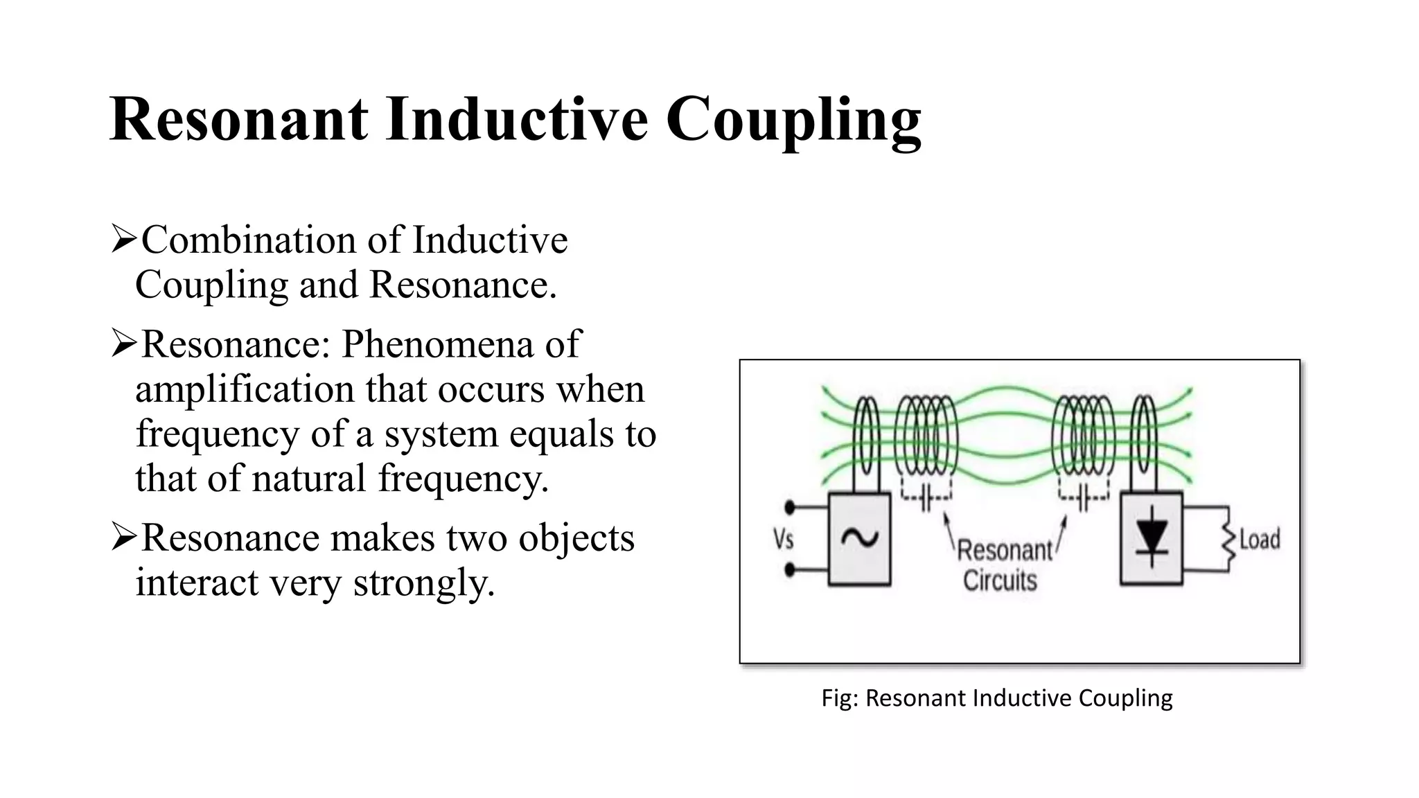Resonant Inductive Coupling
Combination of Inductive
Coupling and Resonance.
Resonance: Phenomena of
amplification that occurs when
frequency of a system equals to
that of natural frequency.
Resonance makes two objects
interact very strongly.
Fig: Resonant Inductive Coupling
 