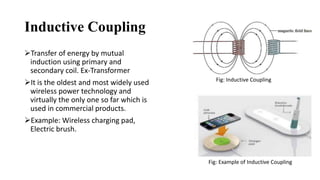 Inductive Coupling
Transfer of energy by mutual
induction using primary and
secondary coil. Ex-Transformer
It is the oldest and most widely used
wireless power technology and
virtually the only one so far which is
used in commercial products.
Example: Wireless charging pad,
Electric brush.
Fig: Inductive Coupling
Fig: Example of Inductive Coupling
 