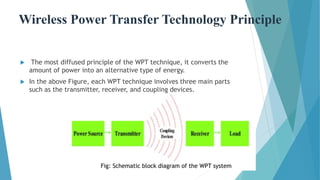 Wireless Power Transfer Technology Principle
 The most diffused principle of the WPT technique, it converts the
amount of power into an alternative type of energy.
 In the above Figure, each WPT technique involves three main parts
such as the transmitter, receiver, and coupling devices.
Fig: Schematic block diagram of the WPT system
 