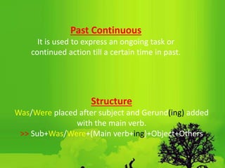 Past Continuous
It is used to express an ongoing task or
continued action till a certain time in past.
Structure
Was/Were placed after subject and Gerund(ing) added
with the main verb.
˃˃ Sub+Was/Were+(Main verb+ing)+Object+Others
 