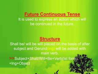 Future Continuous Tense
It is used to express an action which will
be continued in the future.
Structure
Shall be/ will be will placed on the basis of after
subject and Gerund(ing) will be added with
main verb.
>>Subject+Shall/Will+Be+Verb(Ist form)
+Ing+Object
 