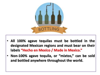 • All 100% agave tequilas must be bottled in the
designated Mexican regions and must bear on their
labels “Hecho en Mexico / Made in Mexico.”
• Non-100% agave tequila, or “mixtos,” can be sold
and bottled anywhere throughout the world.
 
