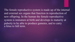 The female reproductive system is made up of the internal
and external sex organs that function in reproduction of
new offspring. In the human the female reproductive
system is immature at birth and develops to maturity at
puberty to be able to produce gametes, and to carry
a fetus to full term.
 
