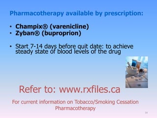 Pharmacotherapy available by prescription:
• Champix® (varenicline)
• Zyban® (buproprion)
• Start 7-14 days before quit date: to achieve
steady state of blood levels of the drug
14
Refer to: www.rxfiles.ca
For current information on Tobacco/Smoking Cessation
Pharmacotherapy
 