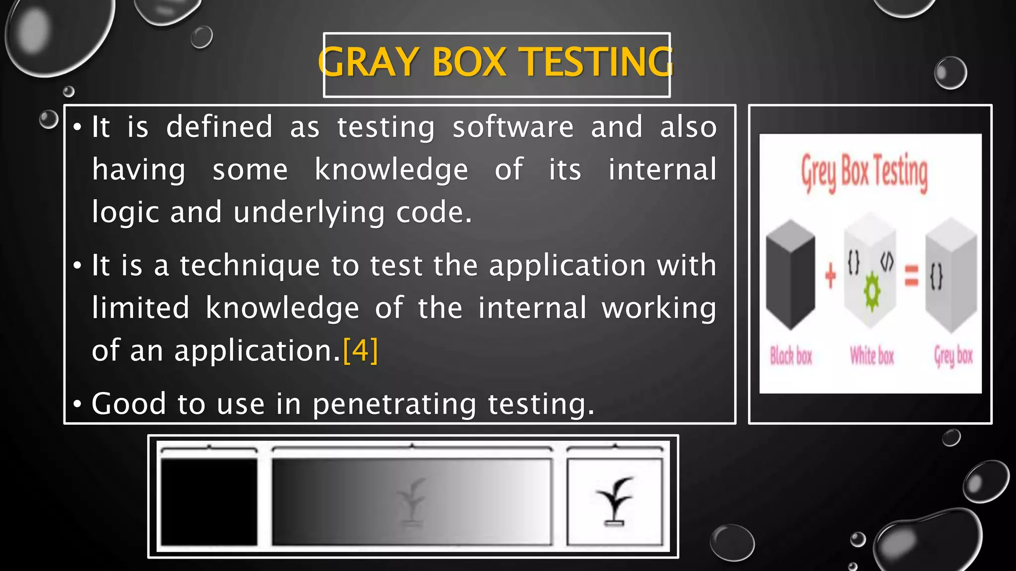 GRAY BOX TESTING
• It is defined as testing software and also
having some knowledge of its internal
logic and underlying code.
• It is a technique to test the application with
limited knowledge of the internal working
of an application.[4]
• Good to use in penetrating testing.
 