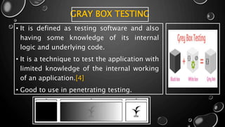 GRAY BOX TESTING
• It is defined as testing software and also
having some knowledge of its internal
logic and underlying code.
• It is a technique to test the application with
limited knowledge of the internal working
of an application.[4]
• Good to use in penetrating testing.
 