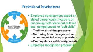 Professional Development
• Employee development based on
stated career goals. Focus is on
enhancing both technical skill s...