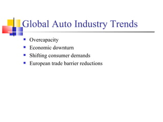 Global Auto Industry Trends Overcapacity Economic downturn Shifting consumer demands European trade barrier reductions 