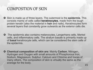 COMPOSITION OF SKIN
 Skin is made up of three layers. The outermost is the epidermis. This
consists mainly of cells called keratinocytes, made from the tough
protein keratin (also the material in hair and nails). Keratinocytes form
several layers that constantly grow outwards as the exterior cells die.
 The epidermis also contains melanocytes, Langerhans cells, Merkel
cells, and inflammatory cells. The stratum basale is primarily made up
of basal keratinocyte cells, which can be considered the stem cells of
the epidermis.
 Chemical composition of skin are: Mainly Carbon, Nitrogen,
Hydrogen and Oxygen with small amounts of Phosphorous Iron,
Sodium, Magnesium, Sulphur, Calcium and Chlorine and traces of
many others. The composition of skin is virtually the same as the
average for the body.
15
 