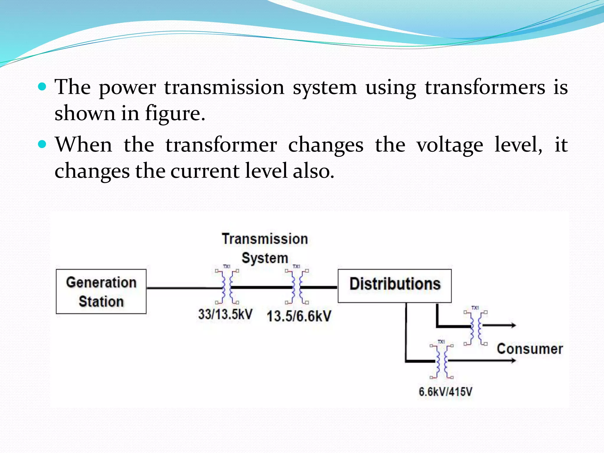  The power transmission system using transformers is
shown in figure.
 When the transformer changes the voltage level, it
changes the current level also.
 