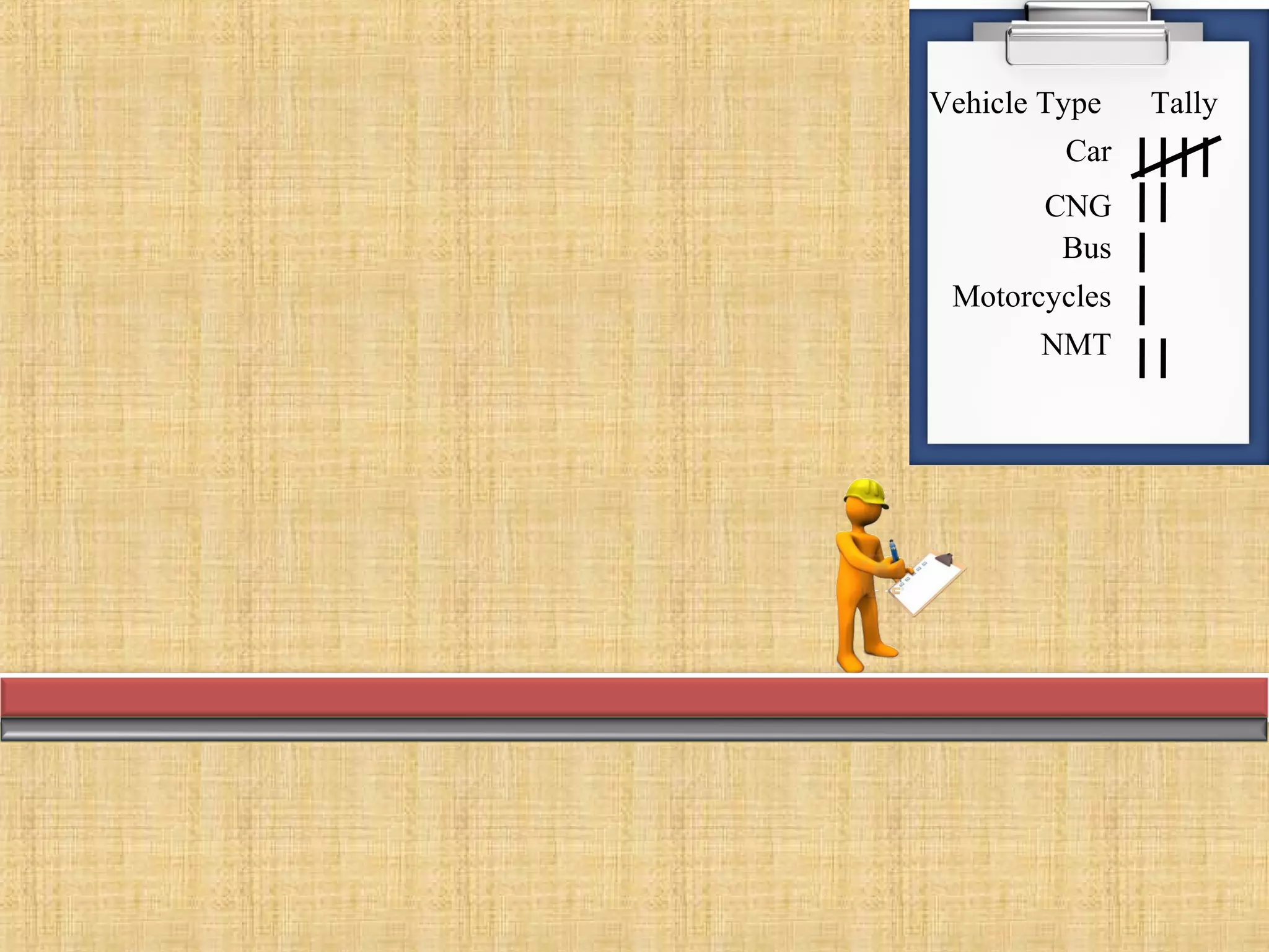 Vehicle Type
Car
CNG
Bus
Motorcycles
NMT

Tally

 