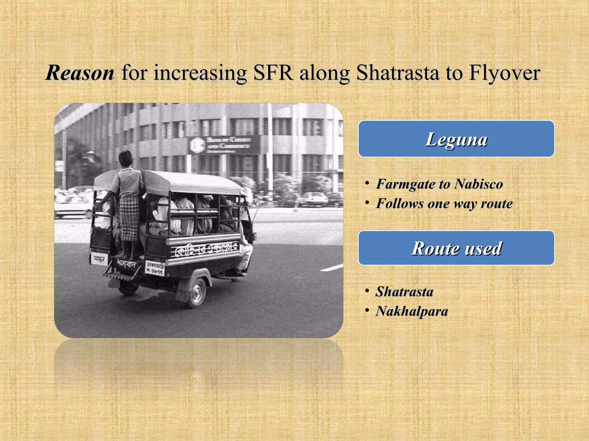 Reason for increasing SFR along Shatrasta to Flyover
Leguna
• Farmgate to Nabisco
• Follows one way route

Route used
• Shatrasta
• Nakhalpara

 