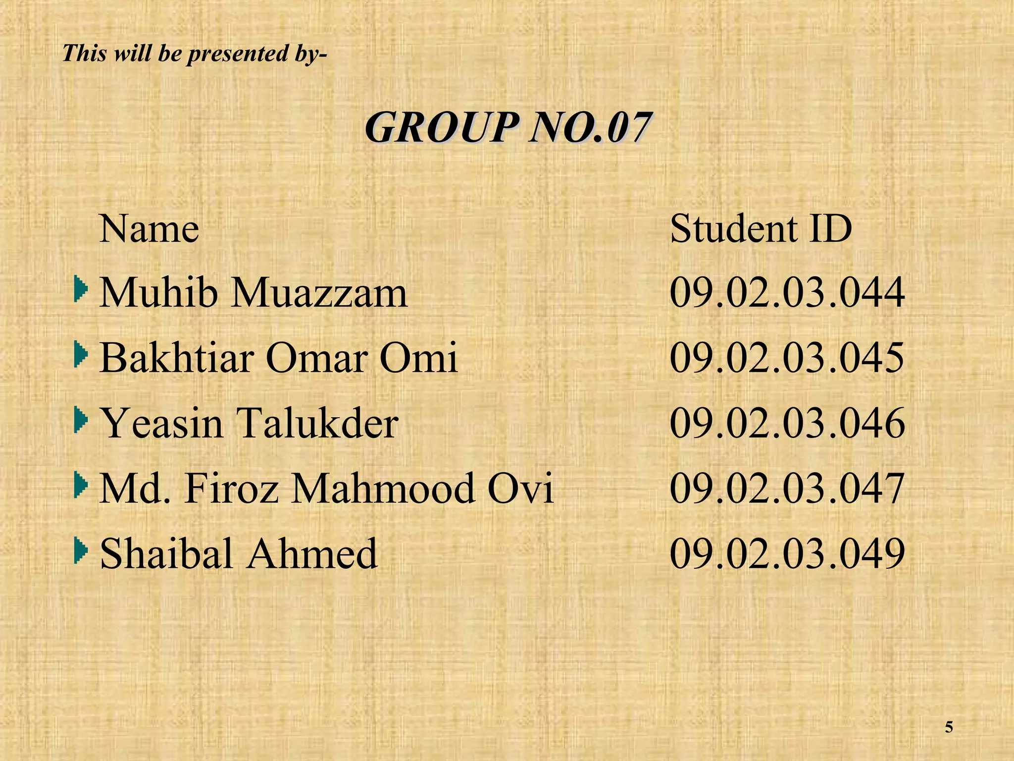 This will be presented by-

GROUP NO.07
Name

Student ID

Muhib Muazzam
Bakhtiar Omar Omi
Yeasin Talukder
Md. Firoz Mahmood Ovi
Shaibal Ahmed

09.02.03.044
09.02.03.045
09.02.03.046
09.02.03.047
09.02.03.049

5

 