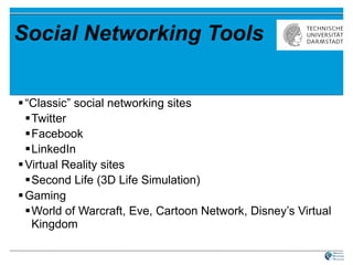 “ Classic” social networking sites Twitter Facebook LinkedIn Virtual Reality sites Second Life (3D Life Simulation) Gaming World of Warcraft, Eve, Cartoon Network, Disney’s Virtual Kingdom Social Networking Tools 